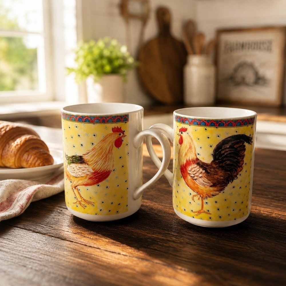 American Atelier Petite Provence Rooster Mugs Yellow Porcelain Farmhouse